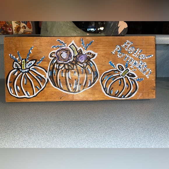 Rustic Pumpkin Wall Art with Blue Accents - Picture 1 of 4